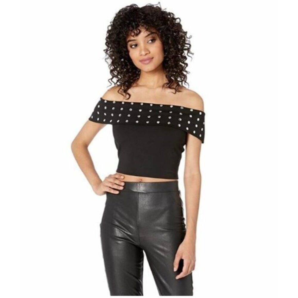 Bebe Black Off the Shoulder Crop Top Round Studded Top Sz M NWT